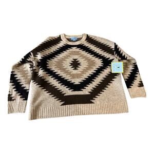 CeCe Women's Cozy Crewneck Aztec Long Sleeve Cream Black Sweater,Size Small NWT